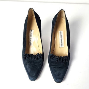 Manolo Blahnik Shoes Womens Size 7 (37) Dark Green Suede 3.5" Heels Ruffle VTG